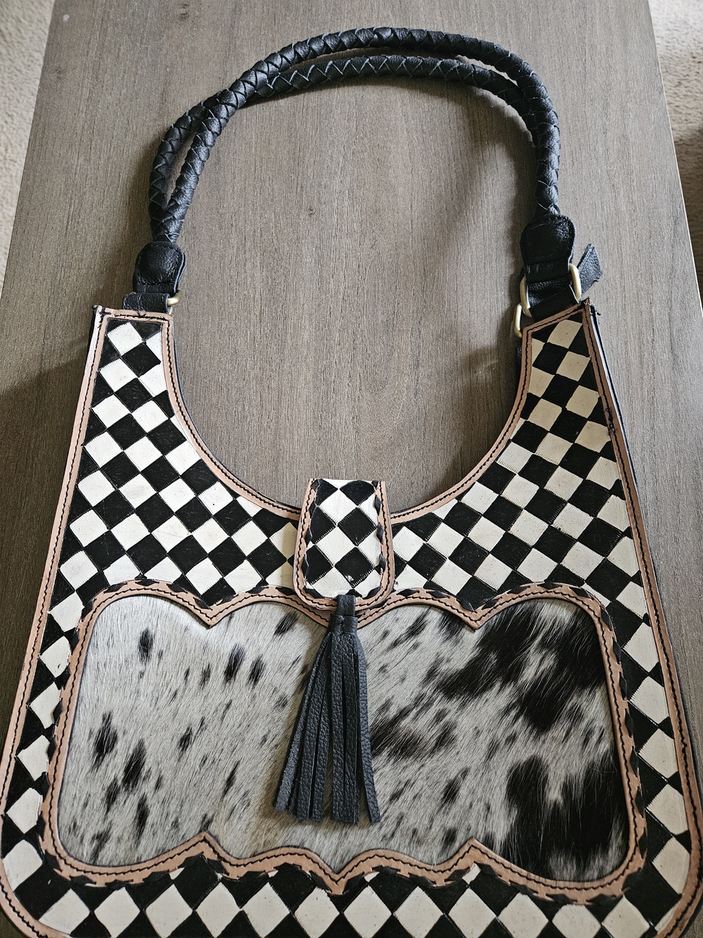 Hand Painted Black & White Checkered Leather Tote with Haircalf Panel